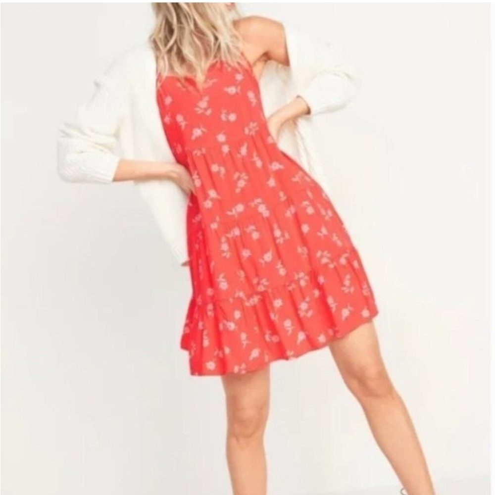 Old Navy Swing Tiered Coral Print Spaghetti Strap Mini Dress NWT